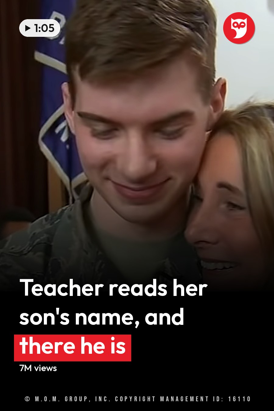 A young male soldier in U.S. Air Force uniform embraces a middle-aged woman with shoulder-length blonde hair, standing indoors within what appears to be a school setting during an event or assembly related to military appreciation. The headline runs in white letters across the lower third.