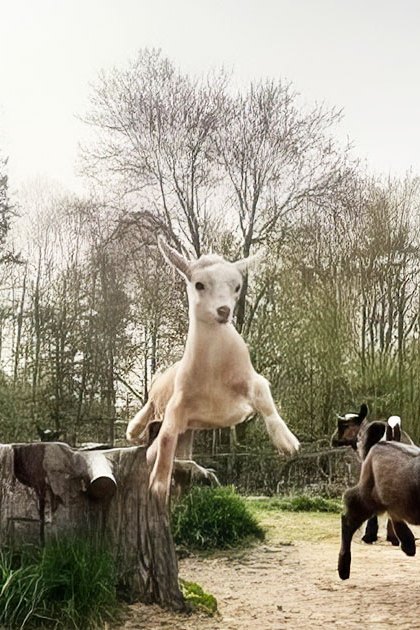 A white goat airborne in an outdoor enclosure surrounded by other colored goats, bare trees indicating late autumn or early spring, with natural earthy tones and sunlight illuminating the scene.