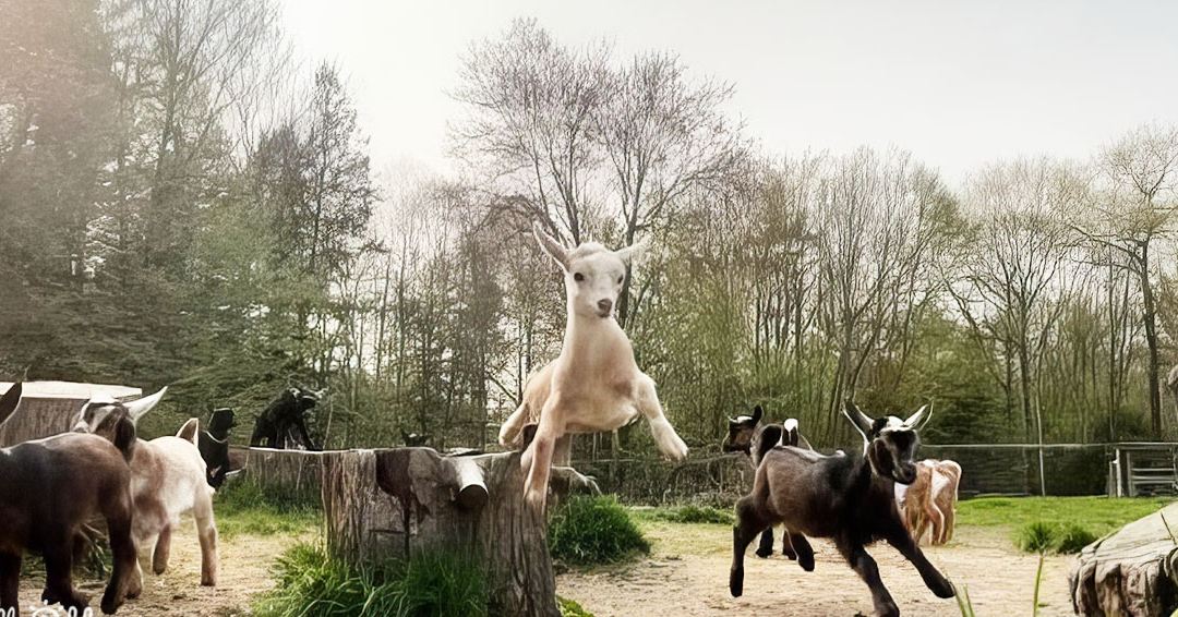A white goat airborne in an outdoor enclosure surrounded by other colored goats, bare trees indicating late autumn or early spring, with natural earthy tones and sunlight illuminating the scene.