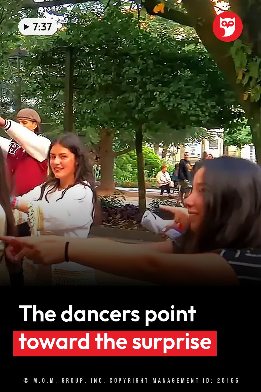 Several people stand outdoors under trees with green leaves, pointing toward something out of view. A headline runs in white letters across the lower third.