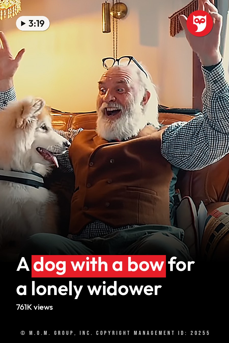 An adult male wearing a checkered shirt under a brown vest sits with an adult Samoyed dog in a cozy living room filled with warm lighting and spring-greenery visible through the window. The headline runs in white letters across the lower third.