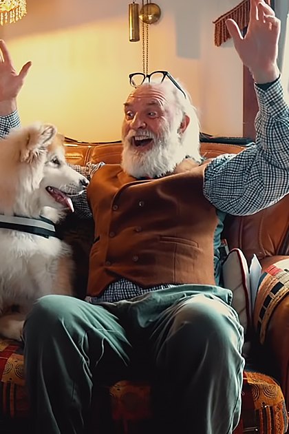 An adult male wearing a checkered shirt under a brown vest sits with an adult Samoyed dog in a cozy living room filled with warm lighting and spring-greenery visible through the window.