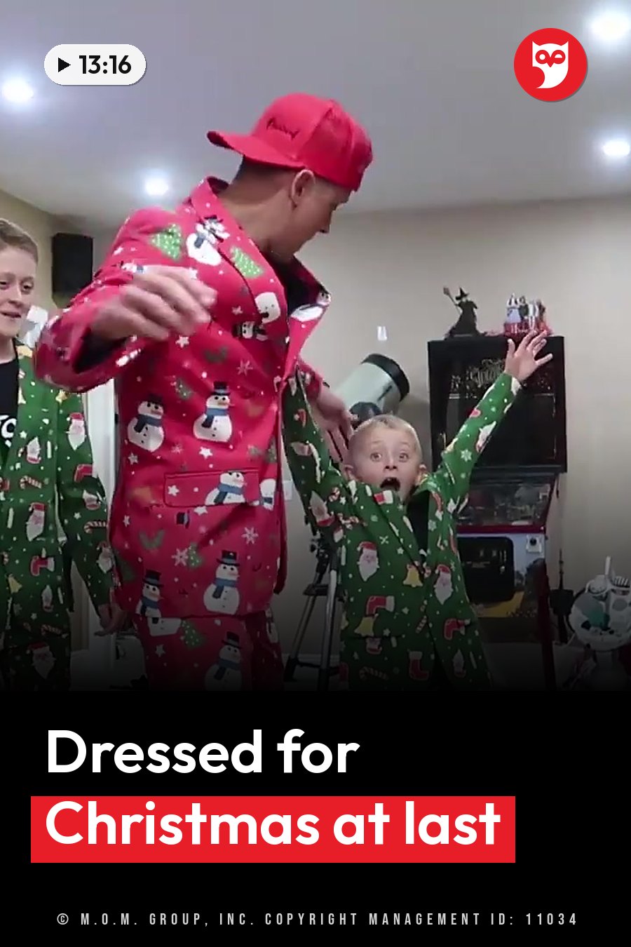 Three children in festive pajamas stand indoors, one raising both arms while another gestures toward them. A headline runs in white letters across the lower third.
