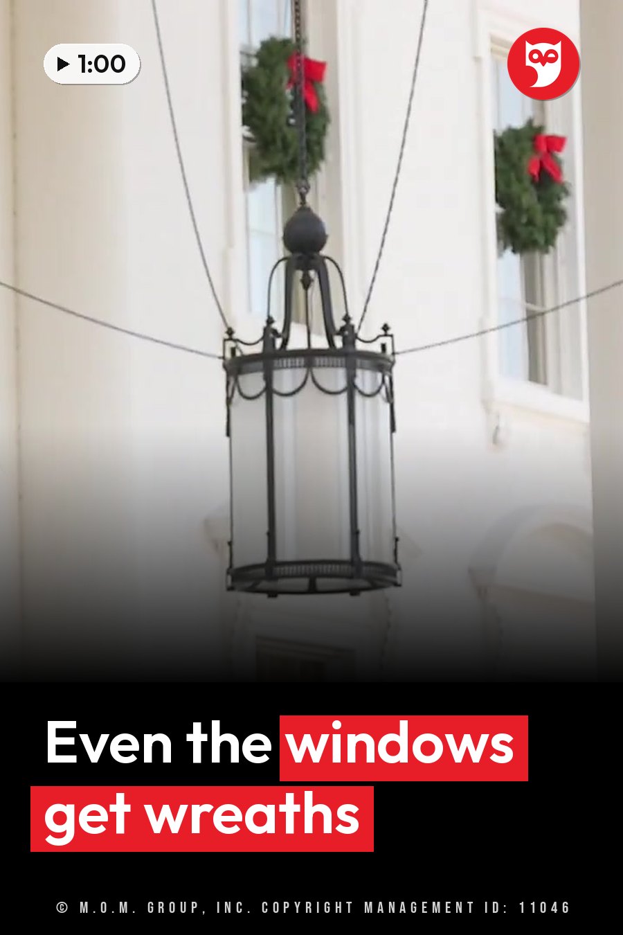 A black lantern hangs between two windows decorated with green wreaths tied with red bows. A headline runs in white letters across the lower third.