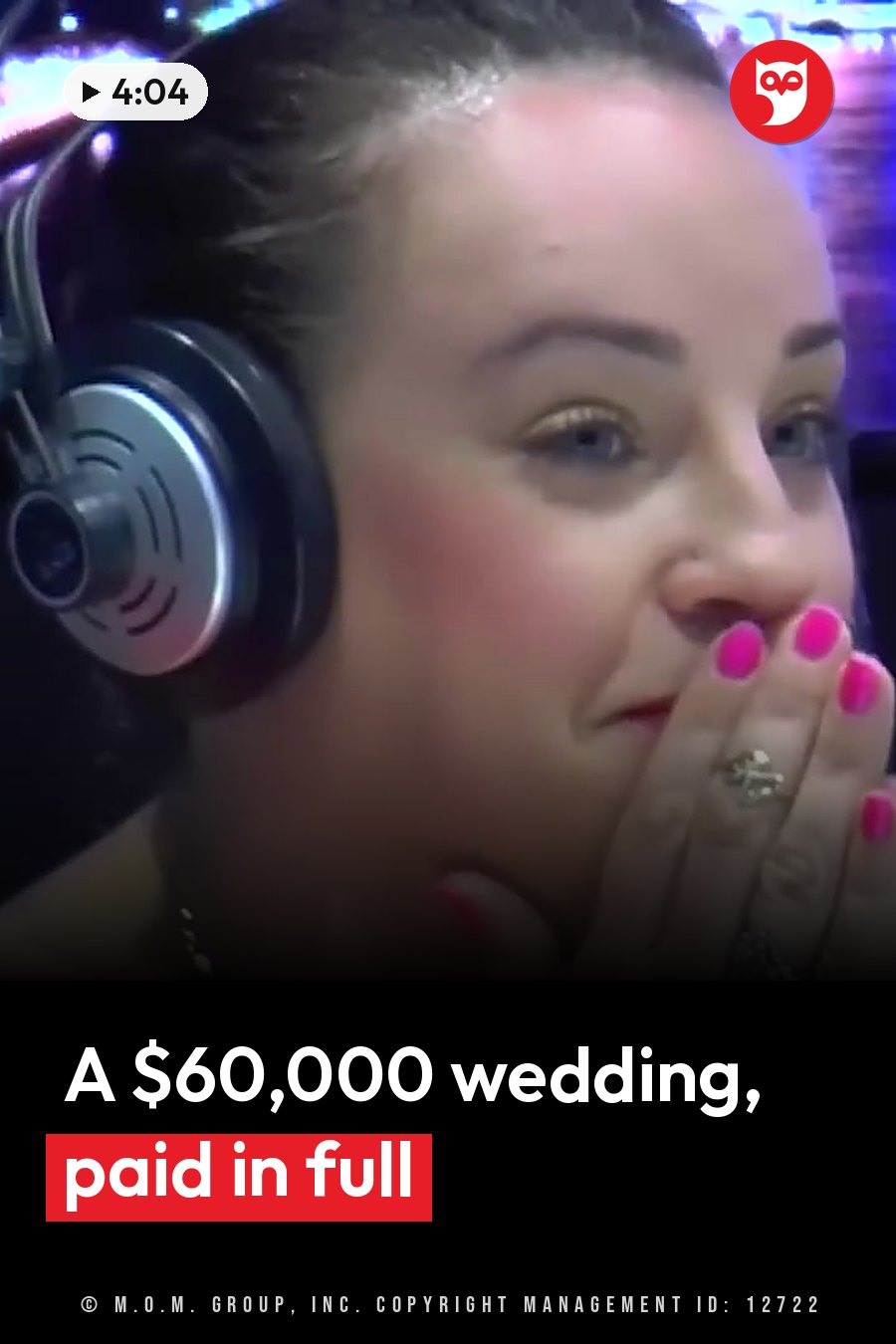 A woman wearing headphones covers her mouth with pink-painted fingers and looks straight ahead. A headline runs in white letters across the lower third.