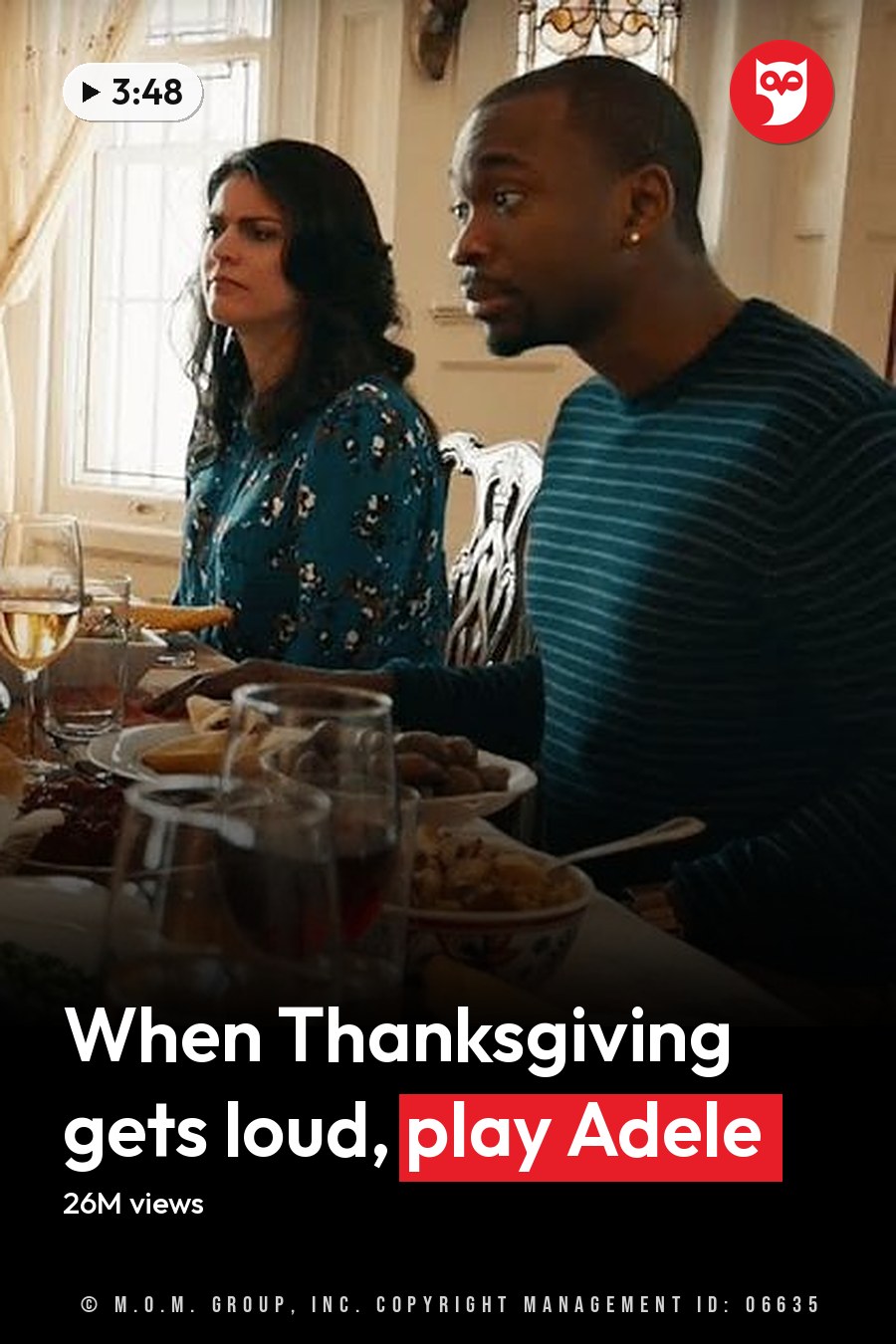 A family gathers around a dining table set for a Thanksgiving meal in an indoor setting decorated with natural light and autumnal motifs. The headline runs in white letters across the lower third.