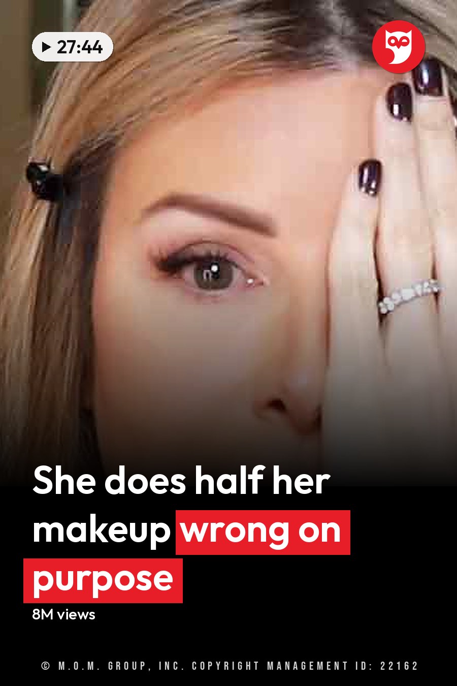 A middle-aged adult female wearing a dark-colored top, ring finger adorned with a visible ring and dark nail polish, in an indoor residential setting with a staircase, framed pictures, and decorative branches. The headline runs in white letters across the lower third.