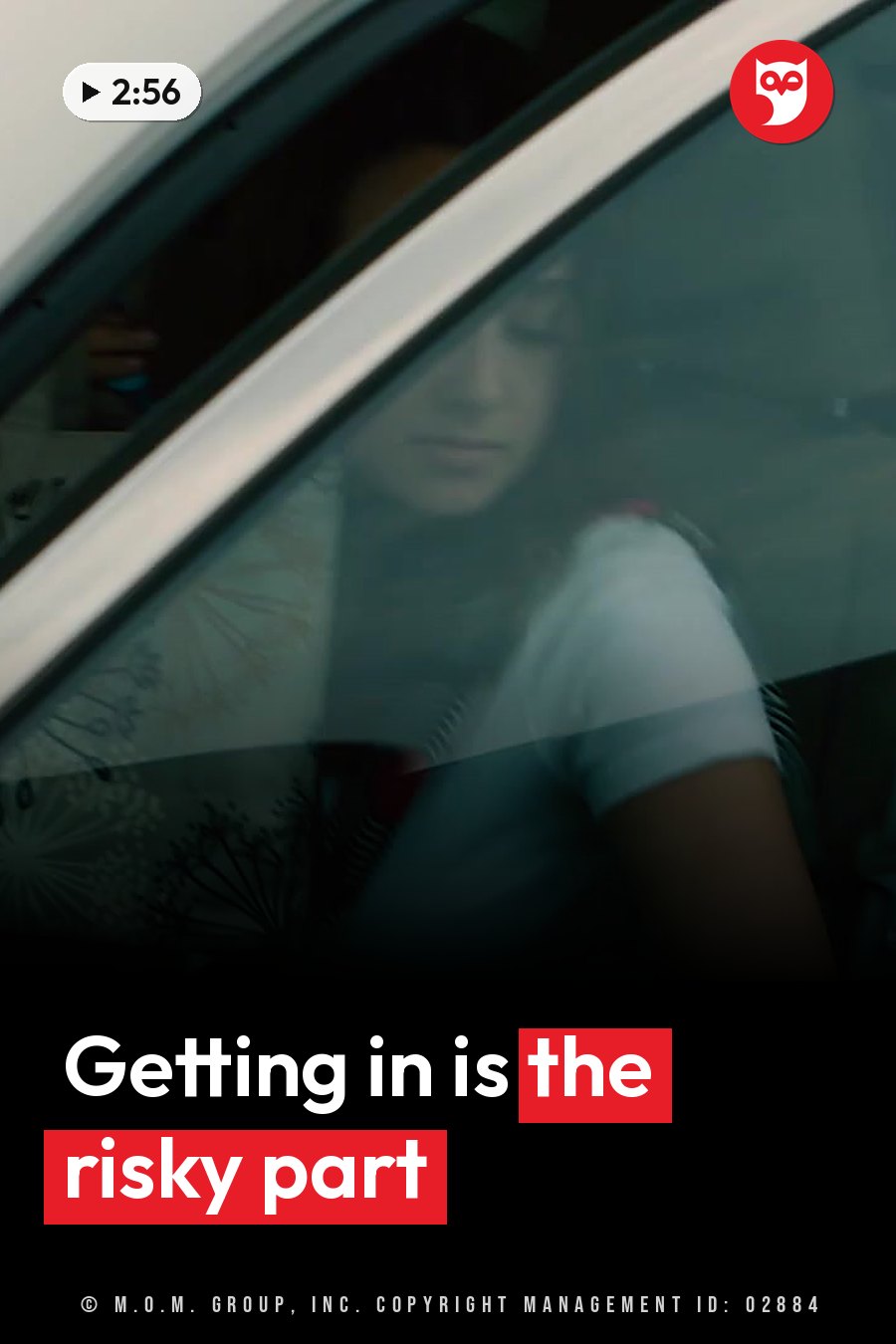A person in a white shirt sits inside a car looking down, with patterned fabric nearby. A headline runs in white letters across the lower third.