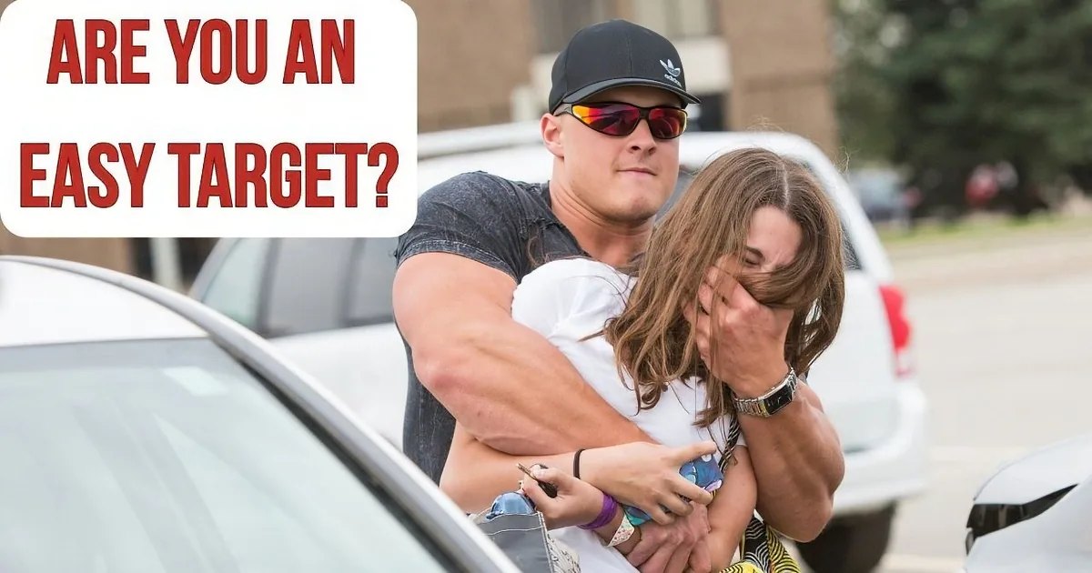 A muscular man in a cap and sunglasses carries a woman covering her face through a parking lot.