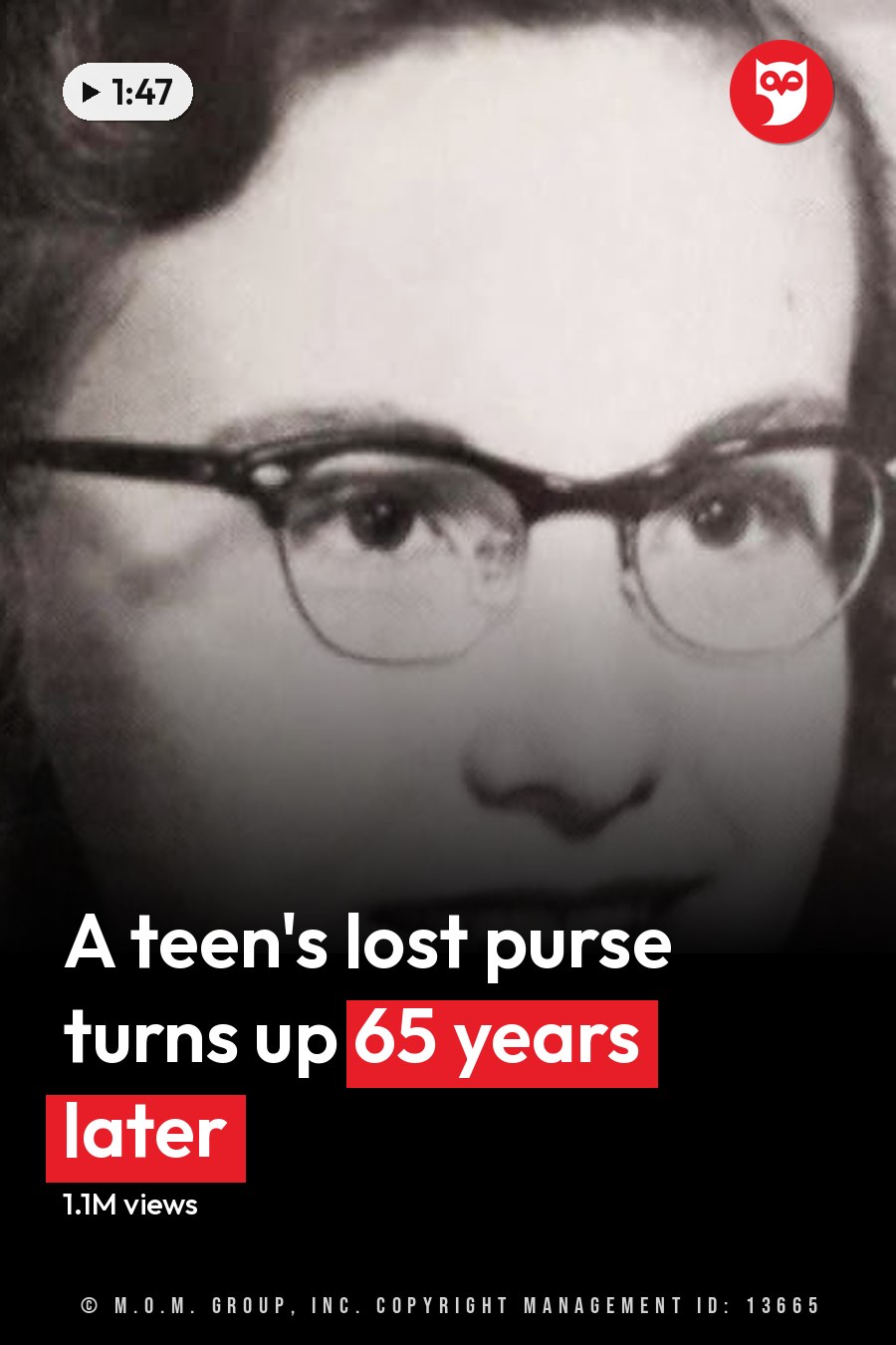 Middle-aged adult female wearing pearl necklace, glasses with thick frames, light-colored garment; purple handbag with geometric pattern in foreground indoors. The headline runs in white letters across the lower third.