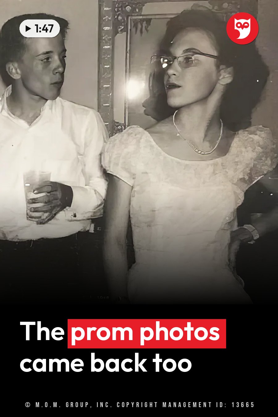 Two people stand near a mirror. One holds a glass, and the other wears glasses and a dress. A headline runs in white letters across the lower third.