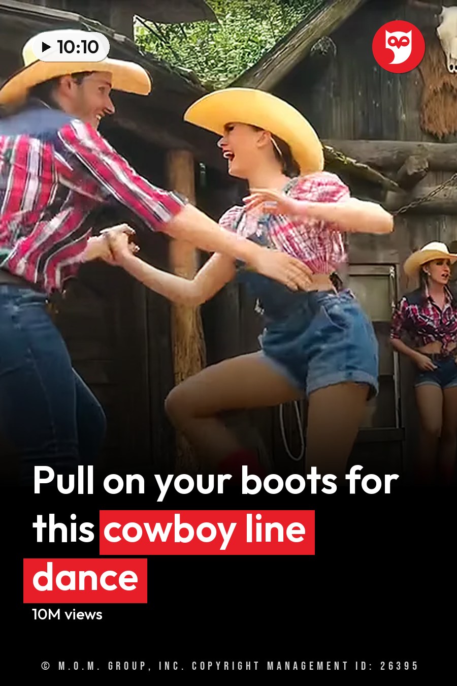 A group dancing in a rustic setting, likely at an amusement park or themed attraction. The headline runs in white letters across the lower third.
