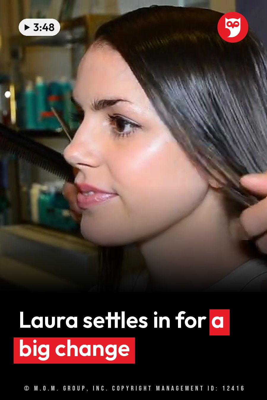 A woman with dark hair smiles as a comb runs through her side-swept bangs near her ear. A headline runs in white letters across the lower third.